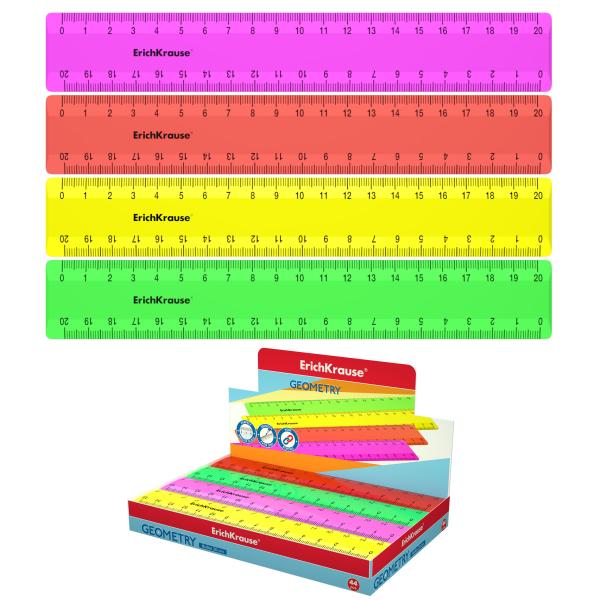 Линейка 20 см ErichKrause® Neon Solid, ассорти из 4 цветов, в коробке-дисплее
