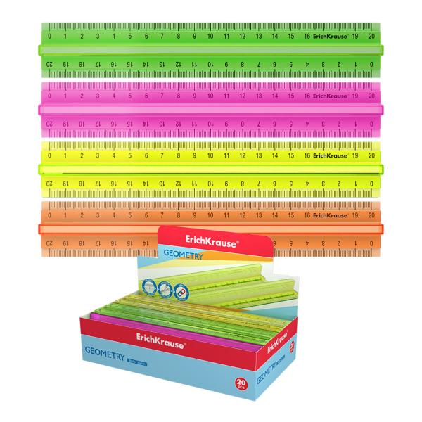 Линейка с держателем ErichKrause® Neon, 20см, ассорти из 4 цветов, в коробке-дисплее