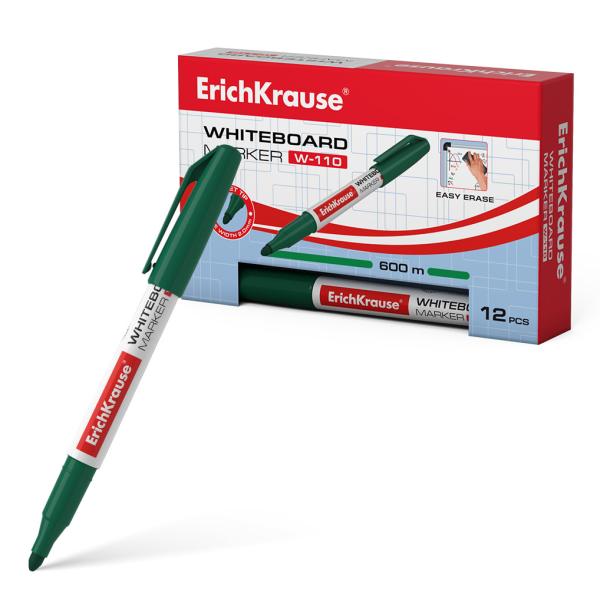 Маркер для доски ErichKrause® W-110, цвет чернил зеленый (в коробке по 12 шт.)