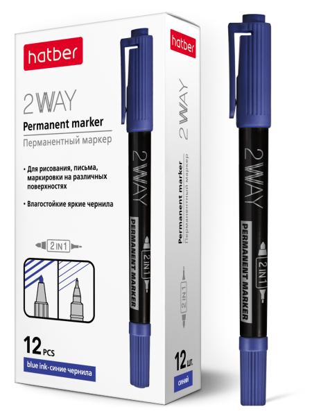 Маркер перманентный 1 мм/0,5 мм Hatber 2WAY Двухсторонний Синий закругленный пишущий узел