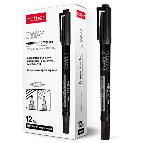 Маркер перманентный 1 мм/0,5 мм Hatber 2WAY двухсторонний Черный закругленный пишущий узел