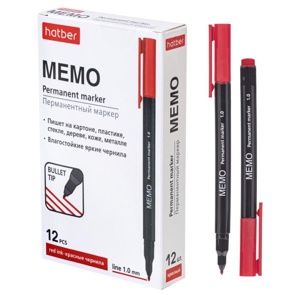 Маркер перманентный Hatber Memo Красный закругленный пишущий узел 1мм