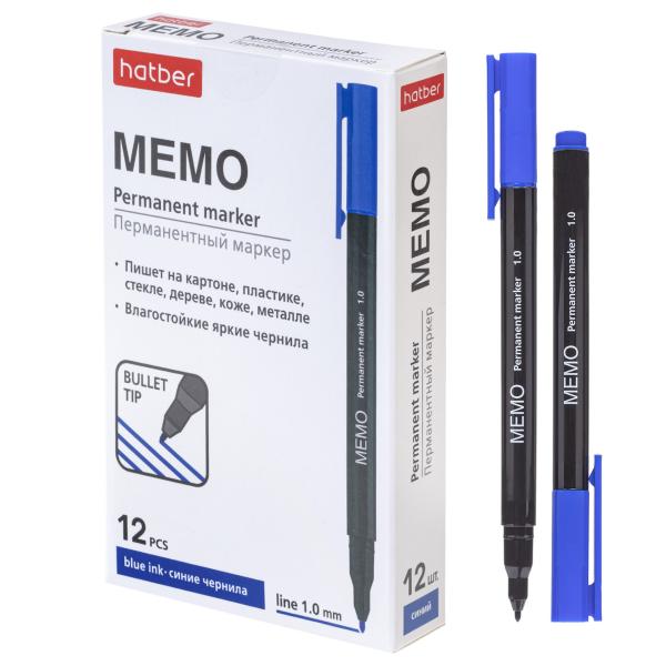 Маркер перманентный Hatber Memo Синий закругленный пишущий узел 1мм