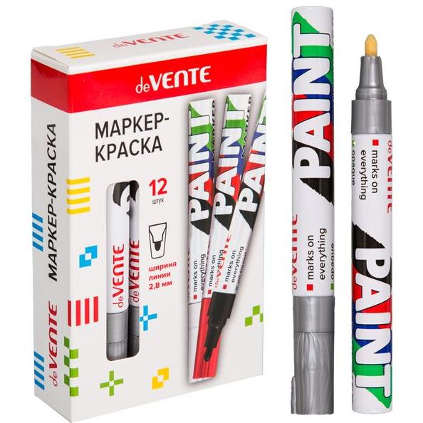 Маркер-краска 2,8 мм "deVENTE" СЕРЕБРИСТЫЙ, алюмин. корпус, с клипом, нитро-основа, пулевид.наконечн