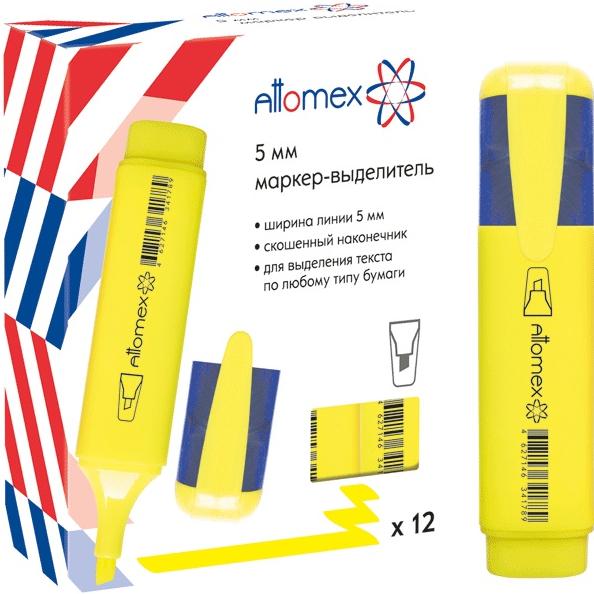 Маркер-текстовыделитель 1-5 мм "Attomex" плоский корпус с клипом, желтый