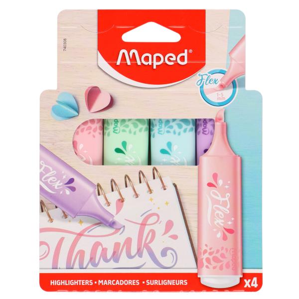 Маркер-текстовыделитель FLUO PEP'S FLEX PASTEL гибкий наконечник, 1-5мм, 4 шт. пастельные цвета ассо