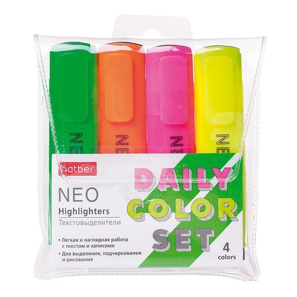 Набор маркеров текст. 4 шт. Hatber NEO neon клиновидный пишущий узел в прозрачном ПВХ-боксе