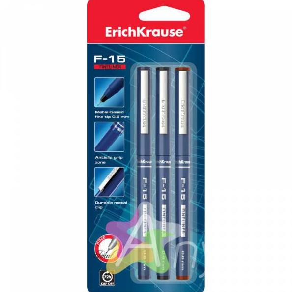 Набор ручек капиллярных ErichKrause® F-15 3 шт. (син, кр, черн) в блистере