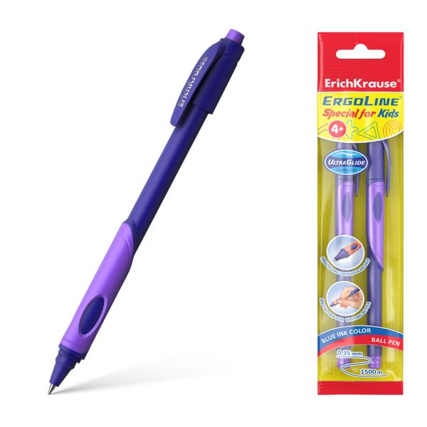 Набор ручек шарик. 2 шт. ErichKrause ErgoLine® Kids Stick&Grip Neon 0.7, Super Glide Technology, син