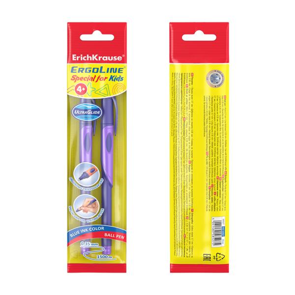 Набор ручек шарик. 2 шт. ErichKrause ErgoLine® Kids Stick&Grip Neon 0.7, Super Glide Technology, син