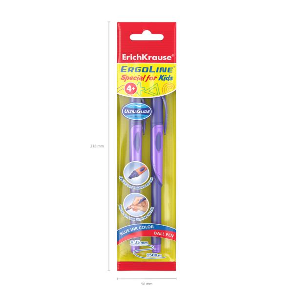 Набор ручек шарик. 2 шт. ErichKrause ErgoLine® Kids Stick&Grip Neon 0.7, Super Glide Technology, син