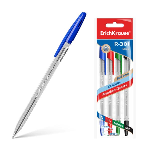 Набор ручек шарик. 4 шт. ErichKrause R-301 Classic Stick 1.0, синий, черный, красный, зеленый (паке