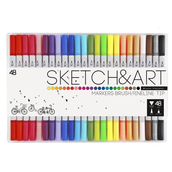 Набор скетч маркеров 2-х ст. (КИСТОЧКА + ЛИНЕР) "SKETCH&ART" 48 ЦВ.