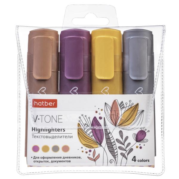Набор текстовыделителей 4 шт. Hatber V-tone METALLIC в прозрачном ПВХ-боксе