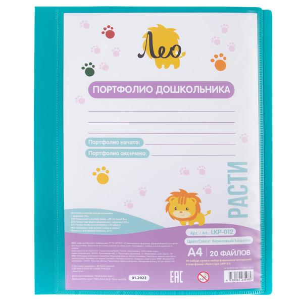 Папка-портфолио дошкольника с файлами 20л. A4 700 мкм 15 мм  песок бирюзовый "Лео"   "Расти"