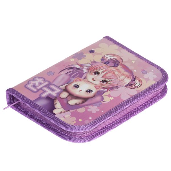 Пенал 1секц. д/дев. 190*130 Hatber "Аниме с котиком" на молнии, глянц. ламин., с табл.умножения  в и