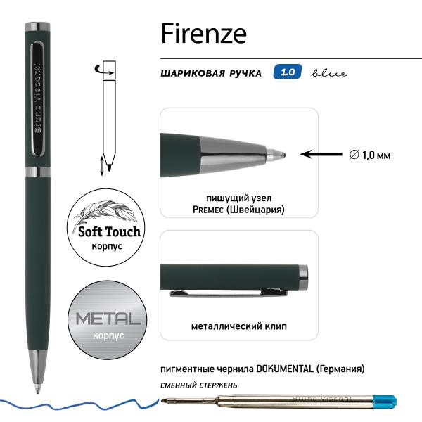 Ручка "FIRENZE" в метал. футляре 1.0 ММ, СИНЯЯ (корпус зеленый, футляр черный)