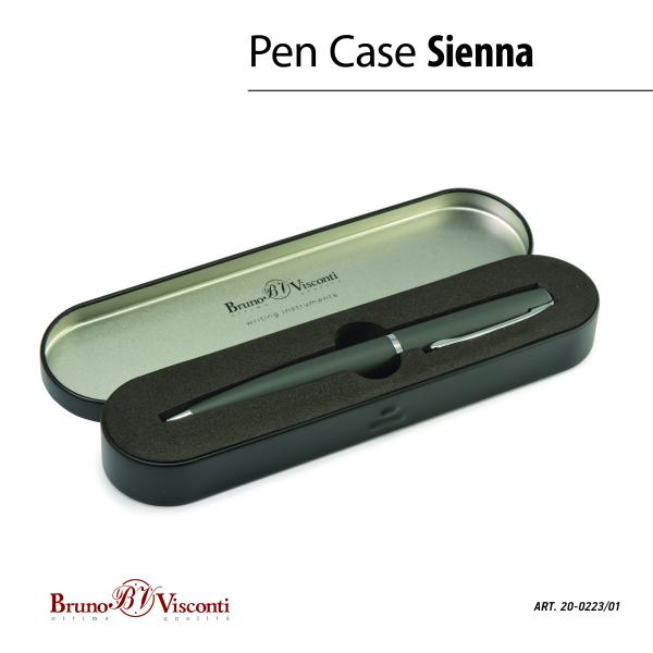 Ручка "Sienna" в футляре шарик. автомат. СЕРЫЙ метал. корпус 1.00 мм, СИНЯЯ