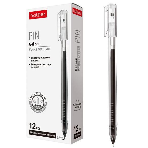 Ручка гелевая 0,5 мм Hatber Pin Черная трехгран.корпус