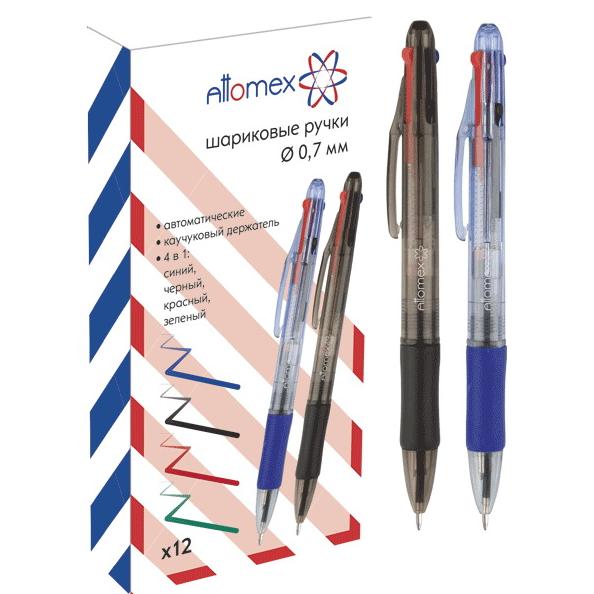 Ручка 4-х цв. шарик. автомат. 0,7 мм "Attomex", (синий, черный, красный, зелёный), с держателем