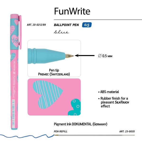 Ручка шариковая 0,5 мм "FunWrite. Сердечки. Эмоции. Роза" СИНЯЯ