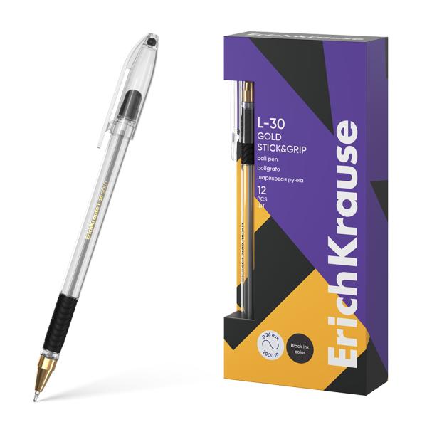 Ручка шариковая 0,7 мм ErichKrause ЧЕРНАЯ, L-30 Gold Stick&Grip Classic Super Glide Technology,