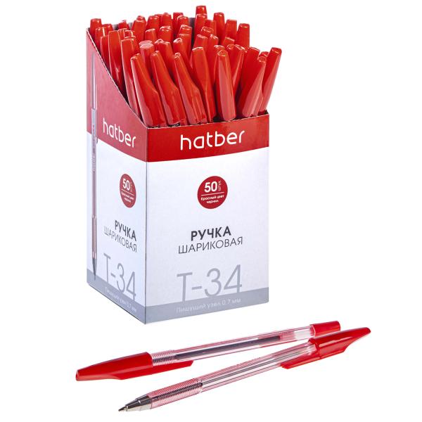 Ручка шариковая 0,7 мм Hatber T-34 Красная с колпачком и клипом 50шт в карт. Мини-Дисплее
