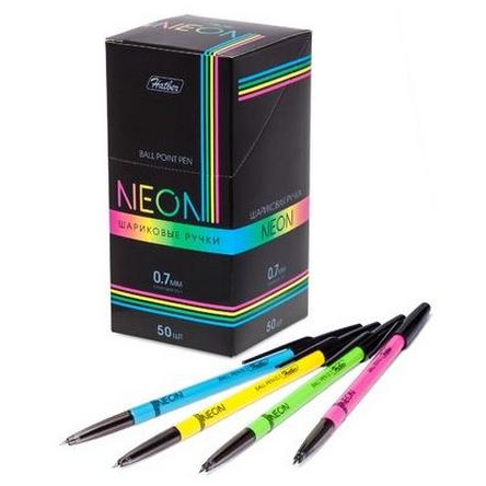 Ручка шариковая 0,7 мм NEON СИНЯЯ с колпачком и клипом -Ассорти