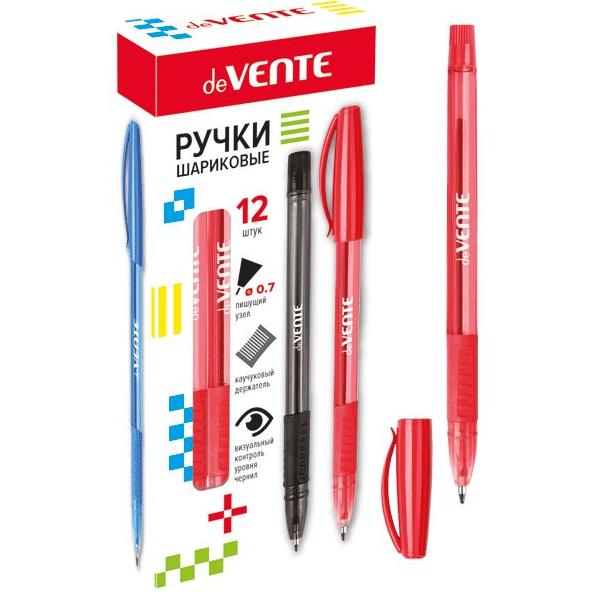 Ручка шариковая 0,7 мм, полупрозрачный корпус, резиновый держатель, deVENTE красная