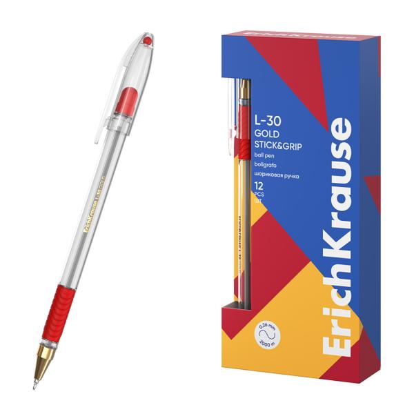 Ручка шариковая 0.7 мм ErichKrause КРАСНАЯ, L-30 Gold Stick&Grip Classic , Super Glide Technology,