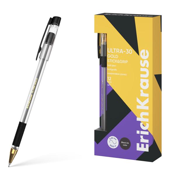 Ручка шариковая ErichKrause ULTRA-30 Gold Stick&Grip Classic 0.7, Super Glide Technology, черная