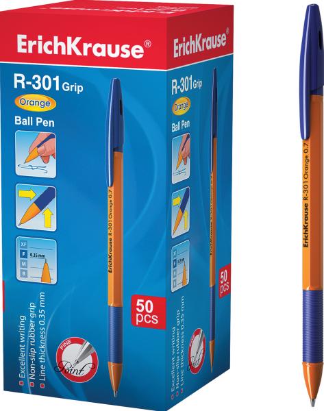 Ручка шариковая ErichKrause R-301 "GRIP ORANGE" 0,7 мм синяя, грипп