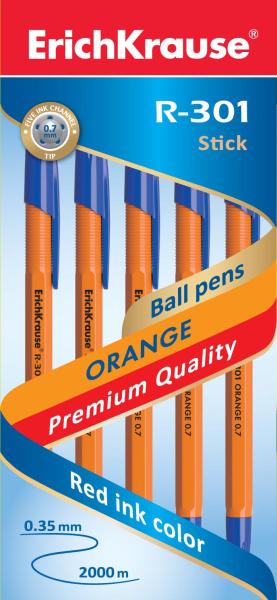 Ручка шариковая ErichKrause R-301 ORANGE 0.7 Stick синяя (22187)