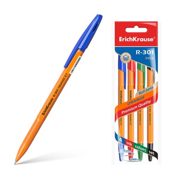Ручка шариковая ErichKrause® R-301 Orange Stick 0.7, цвет чернил: синий, черный, красный, зеленый (п