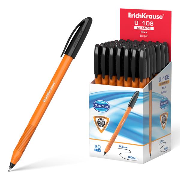 Ручка шариковая ErichKrause U-108 Stick Orange 0.7, Ultra Glide Technology, ЧЕРНАЯ