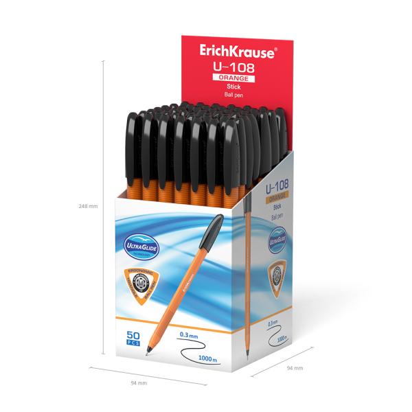 Ручка шариковая ErichKrause U-108 Stick Orange 0.7, Ultra Glide Technology, ЧЕРНАЯ