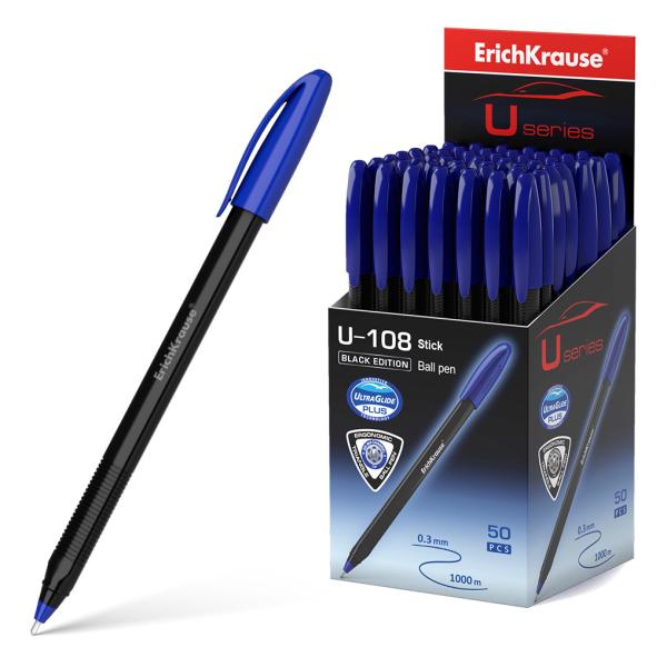 Ручка шариковая ErichKrause U-108 Black Edition Stick 1.0, Ultra Glide Technology, синяя