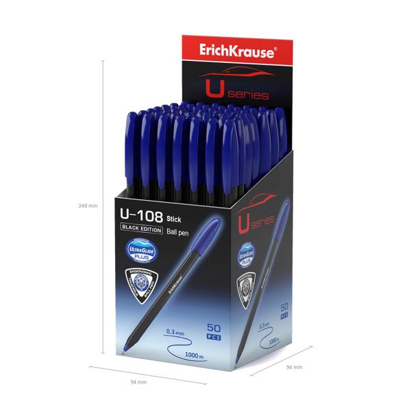 Ручка шариковая ErichKrause U-108 Black Edition Stick 1.0, Ultra Glide Technology, синяя