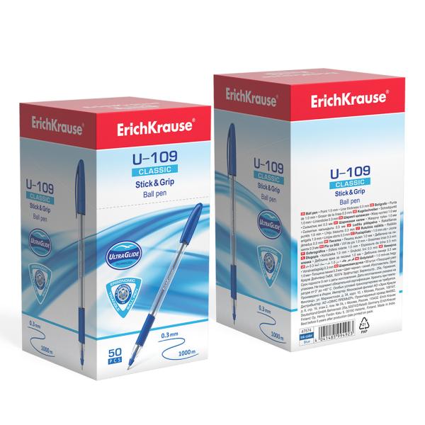 Ручка шариковая ErichKrause® U-109 Classic Stick&Grip 1.0, Ultra Glide Technology, синяя