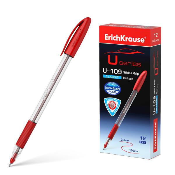 Ручка шариковая ErichKrause® U-109 Classic Stick&Grip 1.0, Ultra Glide Technology, цвет чернил красн