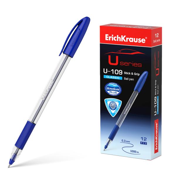 Ручка шариковая ErichKrause U-109 Stick&Grip Classic 1.0, Ultra Glide Technology синяя