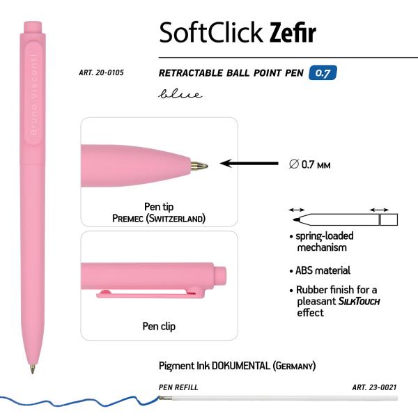 Ручка шариковая автомат. 0,7 мм "SoftClick.Zefir" СИНЯЯ (4 цвета корпуса)