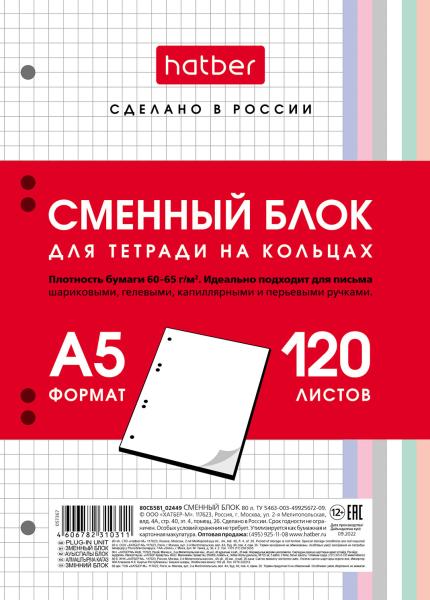 Сменный блок 120 л. А5 для тетрадей на кольцах Универсальная перфорация  Многоцветный срез в индив.у