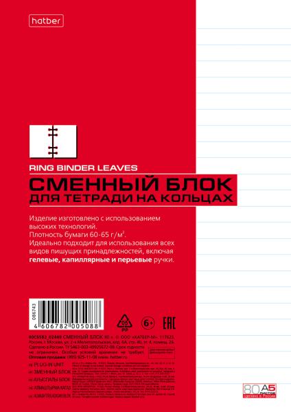 Сменный блок 80 л. А5 лин. д/тетрадей на кольцах Универсальная перфорация  Многоцветный срез