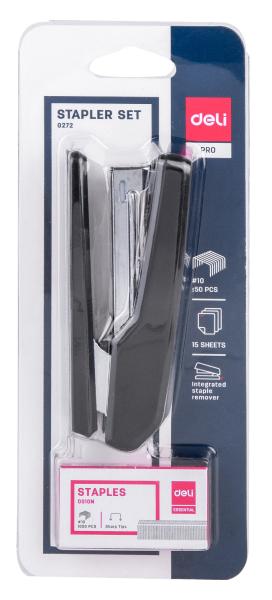 Степлер на 25 л. №24/6 26/6 Deli E0414S/Black черный 50скоб коробка