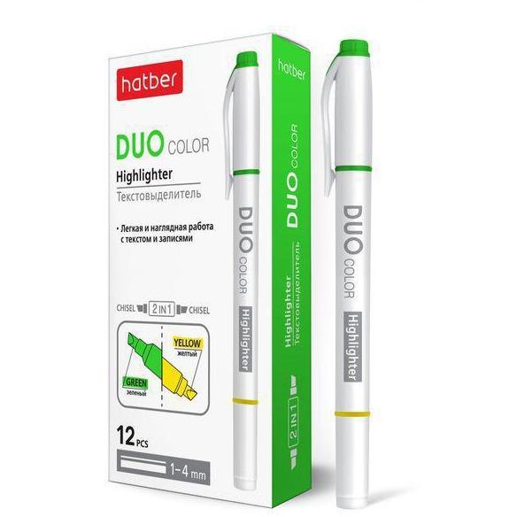 Текстмаркер Hatber DUO двухцветный, клиновидный узел, зеленый+желтый