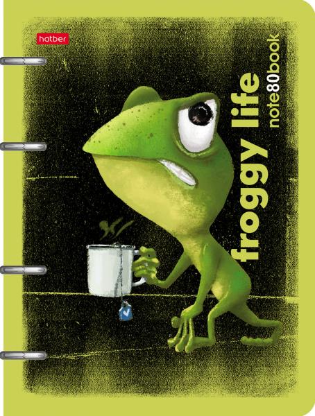 Тетрадь 80 л. на 4-х кольцах "Лягух Кир" Слим-картон с высечкой под кольца глянц. ламин. в индив.упа