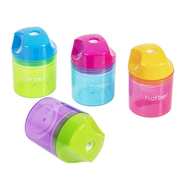 Точилка 1 отв. Hatber SPIKE Пластиковая Цветная с контейнером -Ассорти- 4 цв. 12шт. в картонной Дисп