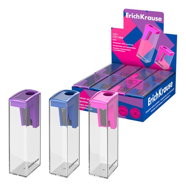 Точилка ErichKrause City, Vivid, с контейнером, ассорти, пластиковая