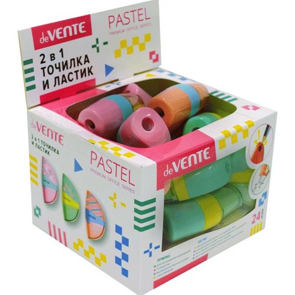 Точилка и ластик 2 в 1 "deVENTE. Pastel" 1 отверстие, пластиковая цветная с небольшим контейнером, л
